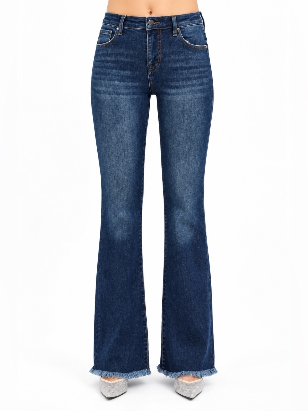 Risen Classic Mid-Rise Blue Flare Jeans with Frayed Hem W/ Tummy Control